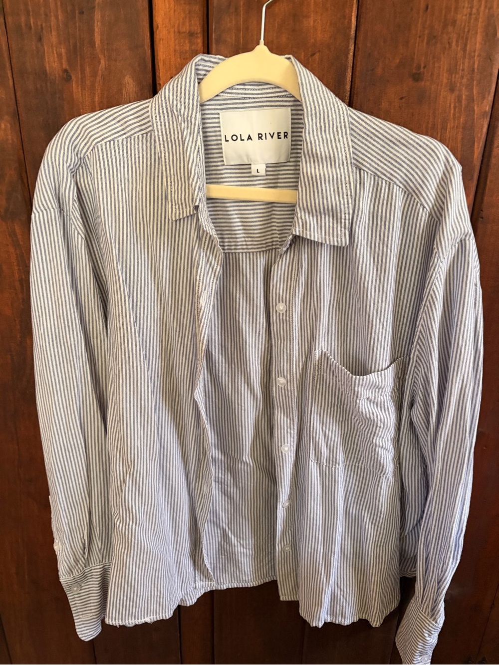 Lola River Women's Blue and White Pinstripe Button-Down Shirt